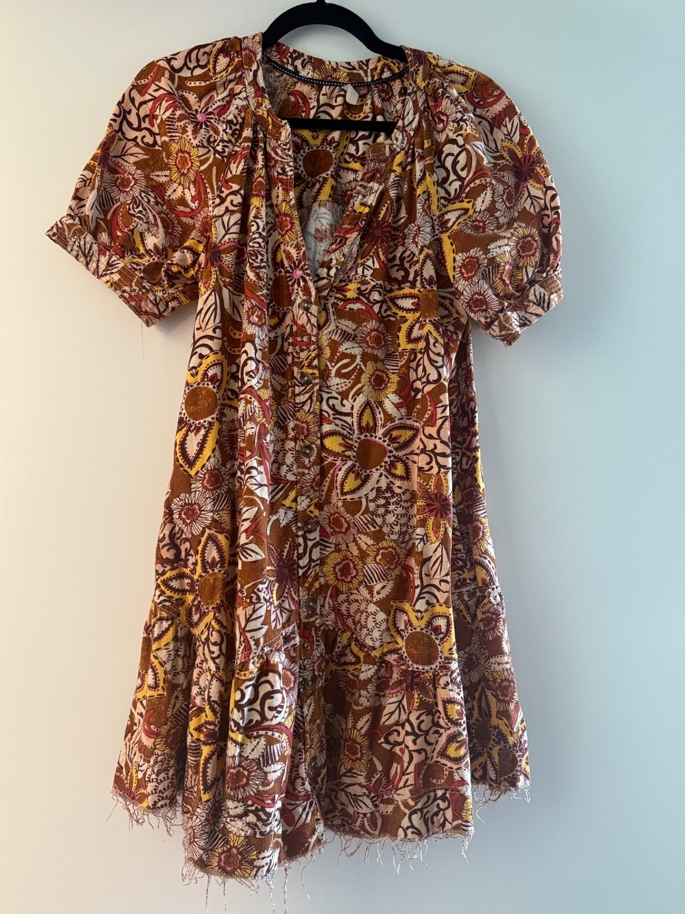 Pilcro Floral Boho Mini Dress in Rust, Yellow, and Cream